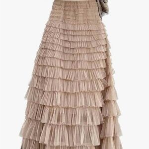 Tan Maxi A-Line Skirt with Tiered Ruffles